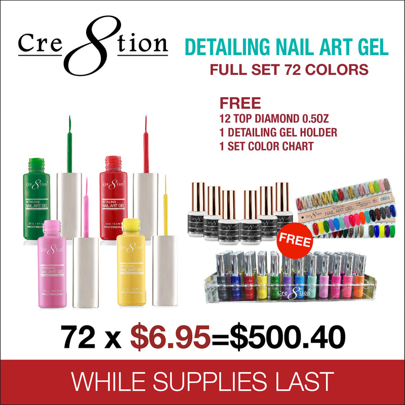 Cre8tion Detailing Nail Art Gel - Full set 72 colors w/ 1 Set Color Chart, 12 Top Diamond 0.5oz & 1 Detailing Gel Holder