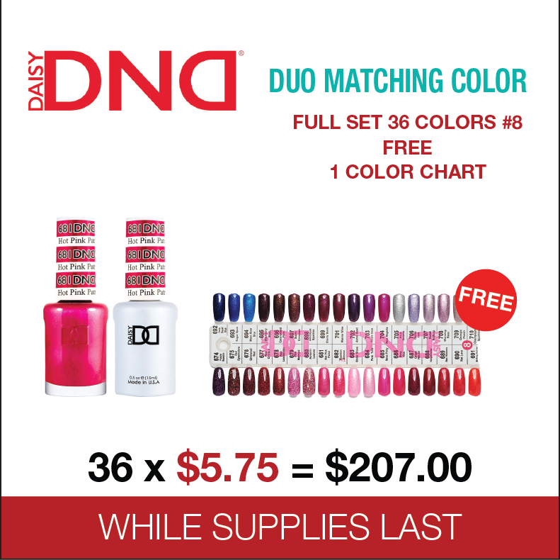 DND -  Matching Color Soak Off Gel- Full set 36 colors - 8 #674 - #710 free 1 Color Chart
