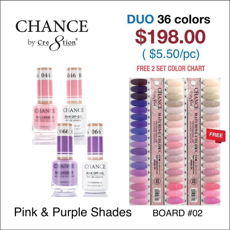 Chance Gel/Lacquer Duo Full Set - 36 Colors Pink & Purple Shades Collection - Color #37 - #72 - $5.50/each - Free 1 Color Chart