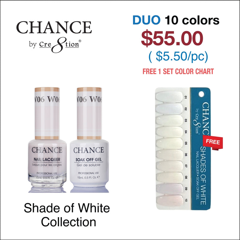 Chance Gel/Lacquer Duo Full Set - 10 Colors Shade of White Collection - free set color chart