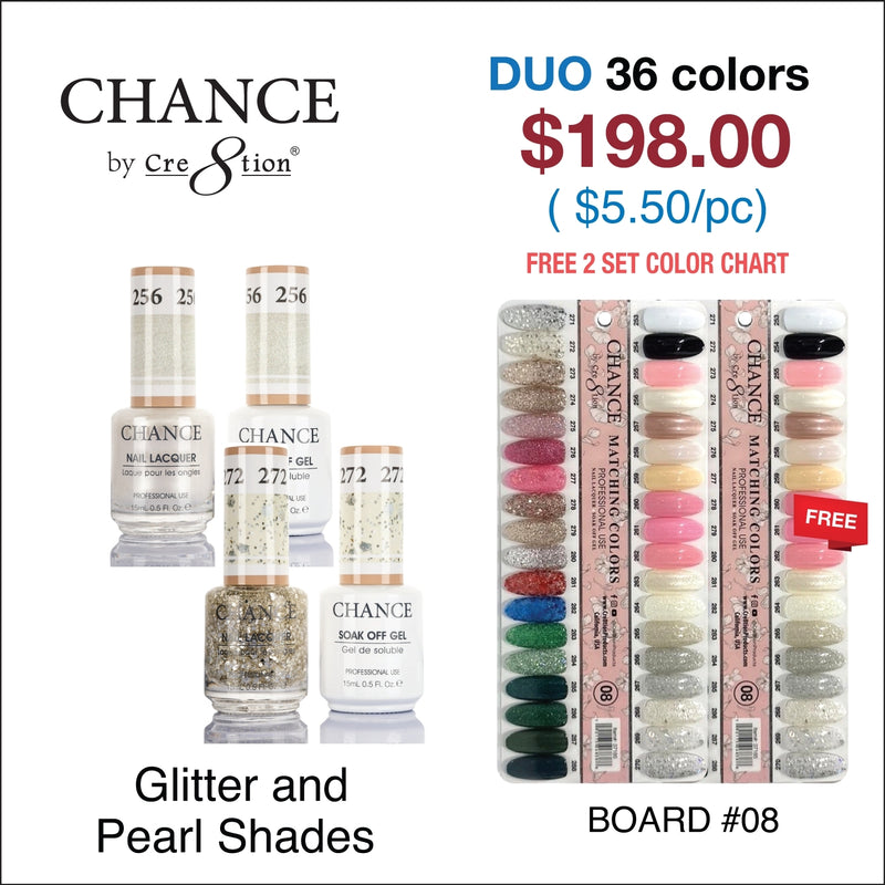 Chance Gel/Lacquer Duo Full Set - 36 Colors Glitter and Pearl Shades Collection - Color #253 - #288 - $5.50/each - Free Color Chart