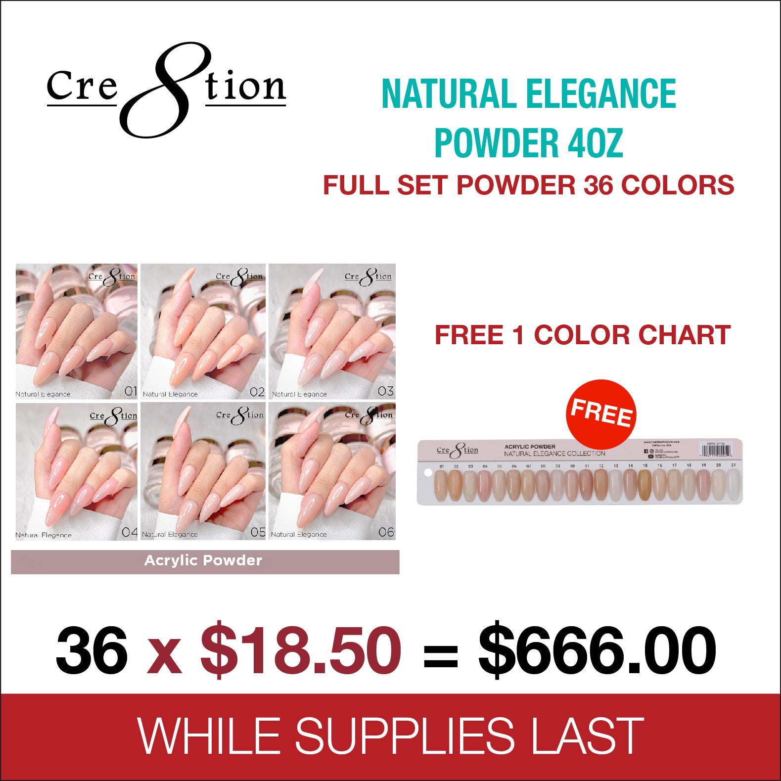 Cre8tion Acrylic Powder, Natural Elegance Collection 000 Cre8tion Acrylic Powder, Natural Elegance Collection 000