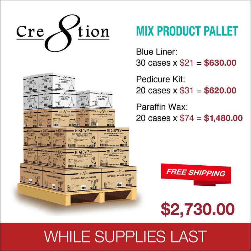 Cre8tion - Mix Product Pallet : 30 case Blue Liner, 20 case Pedicure Kit A, 20 case Paraffin Wax