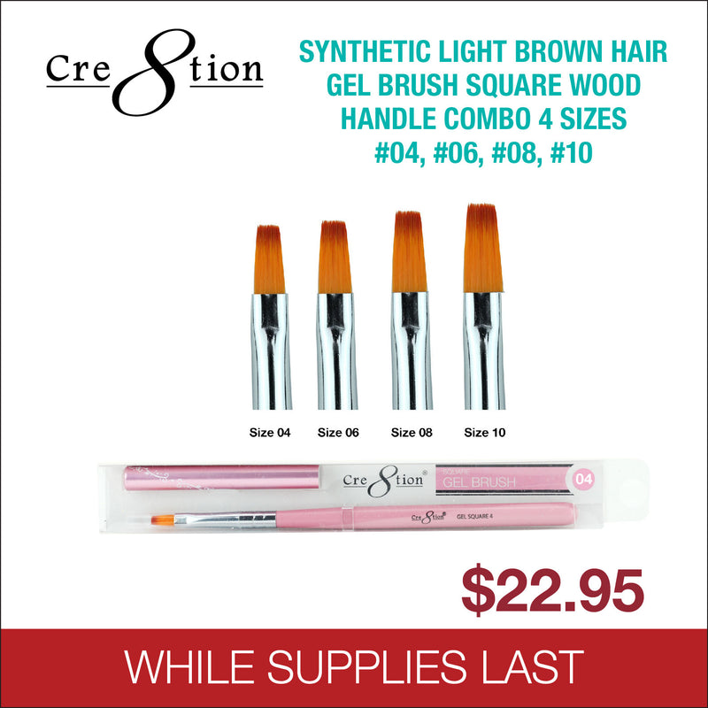 (Bonus Combo) Cre8tion Light Brown Hair Gel Brush Square Wood Handle 4 sizes #04, #06, #08, #10