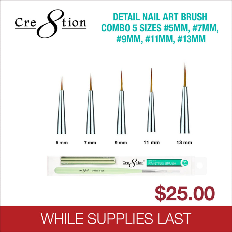 (Bonus Combo) Cre8tion Detail Nail Art Brush Combo 5 Sizes #5mm, #7mm, #9mm, #11mm, #13mm
