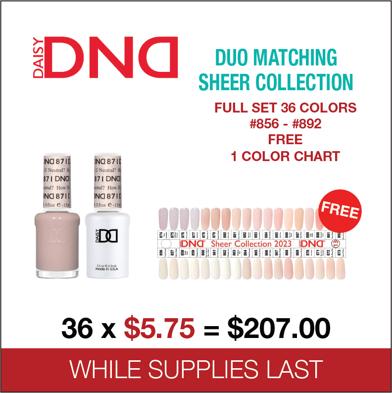 DND -  Duo Matching Sheer Collection - Full set 36 colors -  #856 - #892 FREE 1 Color Chart
