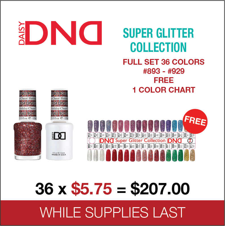 DND -  Super Glitter Collection - Full set 36 colors -  #893 - #929 FREE 1 Color Chart
