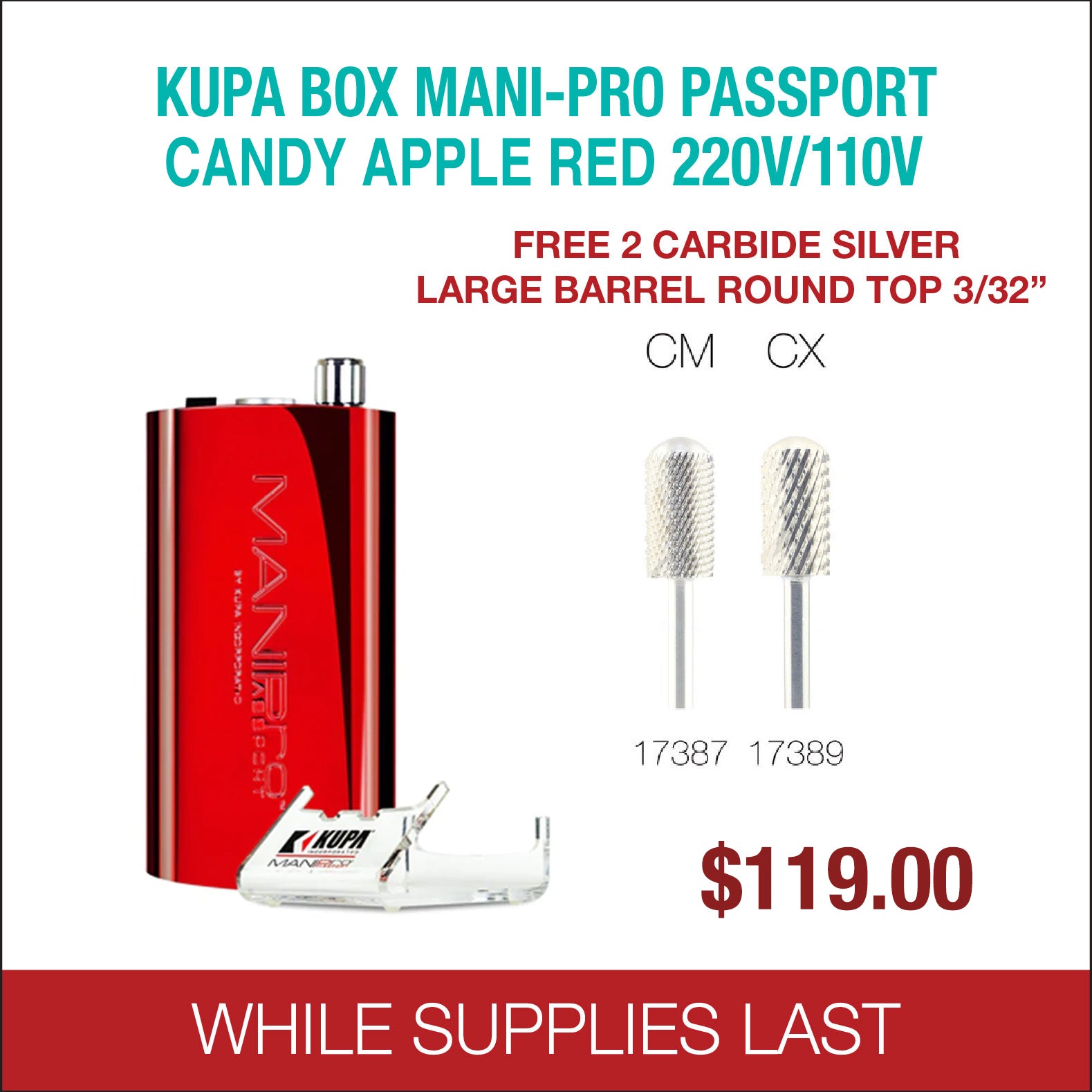 Kupa - BOX Mani-Pro Passport - Candy Apple Red 220/110V - Free 2 Carbi –  Skylark Nail Supply