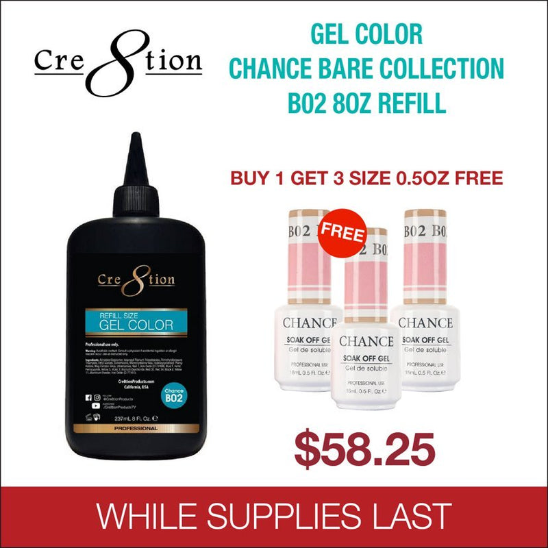 Cre8tion - Soak Off Gel System - Chance B02 - 8 oz (Buy 1 Gel size 8oz get 3 Duo size 0.5 oz)