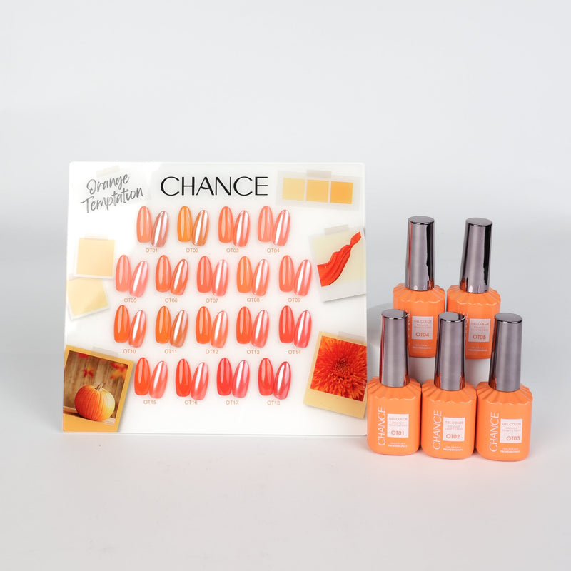 Chance Orange Temptation Collection 0.5oz - 18 Colors w/ 1 Counter Display & 6 Chance No Wipe Top Coat 0.5oz