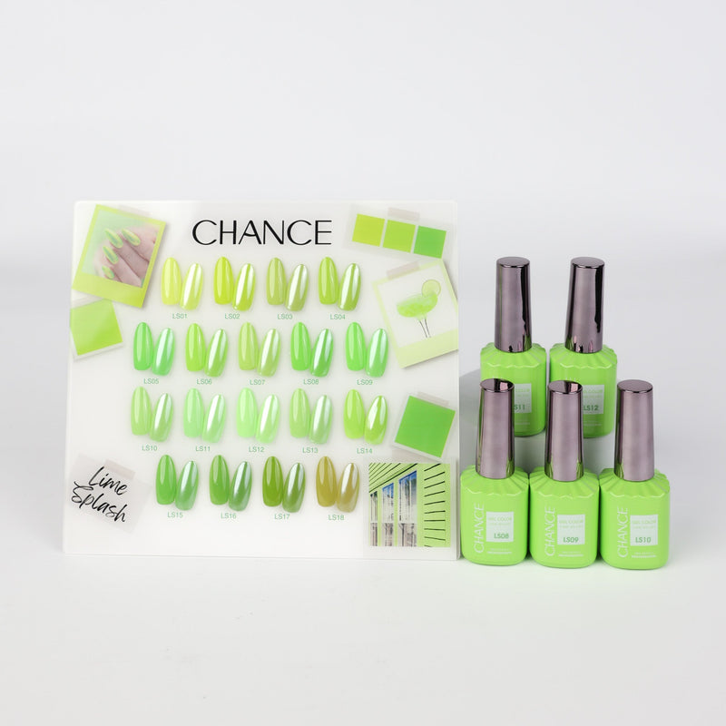 Chance Lime Splash Collection 0.5oz - 18 Colors w/ 1 Counter Display & 6 Chance No Wipe Top Coat 0.5oz