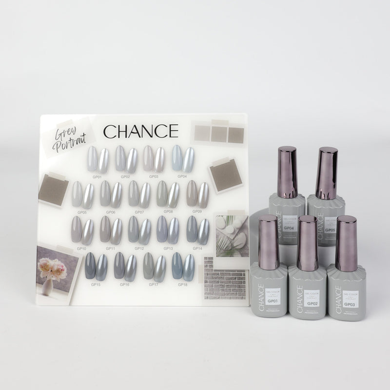 Chance Grey Portrait Collection 0.5oz - 18 Colors w/ 1 Counter Display & 6 Chance No Wipe Top Coat 0.5oz