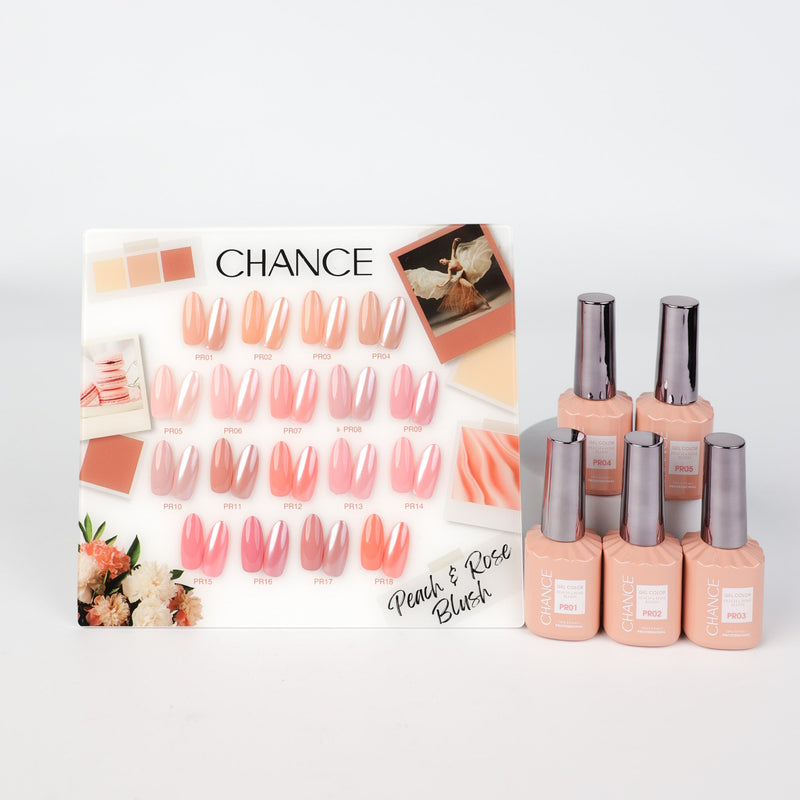 Chance Peach & Rose Blush Collection 0.5oz - 18 Colors w/ 1 Counter Display & 6 Chance No Wipe Top Coat 0.5oz