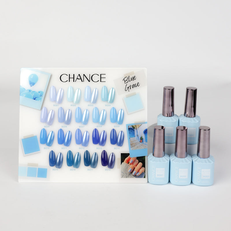 Chance Blue Grace Collection 0.5oz - 18 Colors w/ 1 Counter Display & 6 Chance No Wipe Top Coat 0.5oz