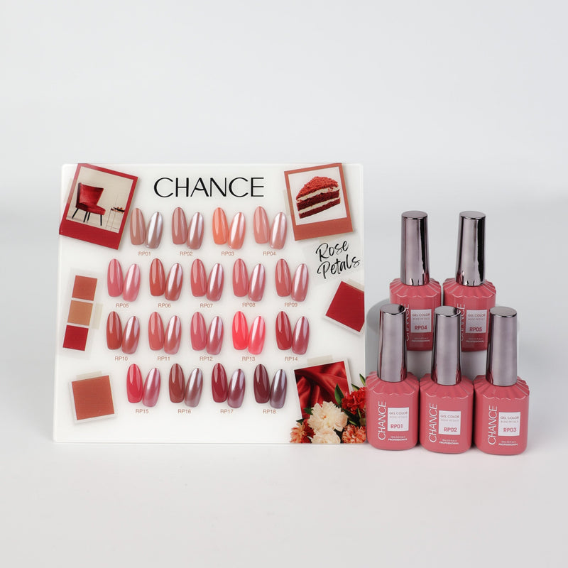 Chance Rose Petals Collection 0.5oz - 18 Colors w/ 1 Counter Display & 6 Chance No Wipe Top Coat 0.5oz