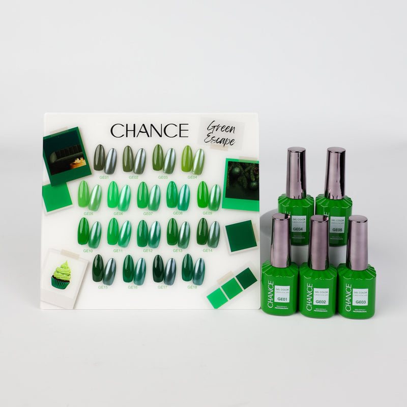 Chance Green Escape Collection 0.5oz - 18 Colors w/ 1 Counter Display & 6 Chance No Wipe Top Coat 0.5oz