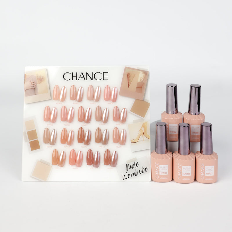 Chance Nude Wardrobe Collection 0.5oz - 18 Colors w/ 1 Counter Display & 6 Chance No Wipe Top Coat 0.5oz