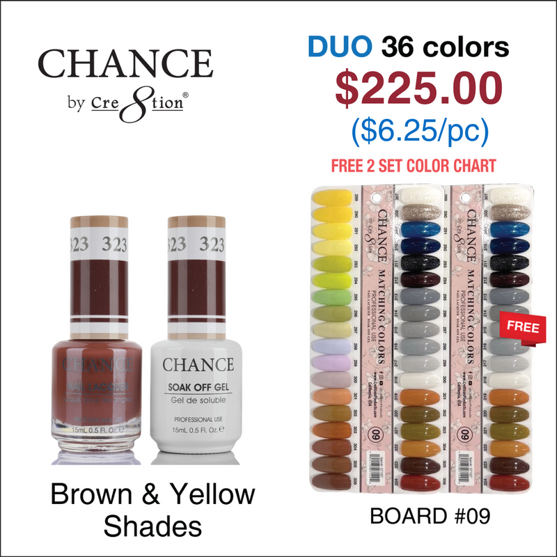 Chance Matching Color Gel & Nail Lacquer 0.5oz - 36 Colors #289 - #324 - Brown/Yellow/Nude Shades Collection w/ 2 set Color Chart