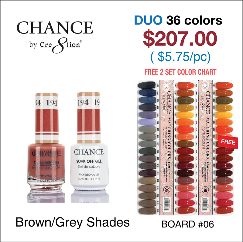 Chance Gel/Lacquer Duo Full Set - 36 Colors  Brown/Grey Shades Collection  - $5.75/each - Free Color Chart