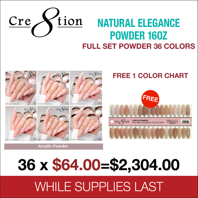 Cre8tion Natural Elegance Powder 16oz - Full Set Powder 36 Colors - FREE 1 Color Chart
