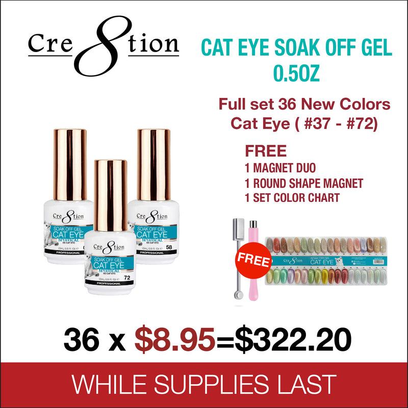 Cre8tion Cat Eye Soak Off Gel 0.5oz - Full Set 36 New Colors (#37 - #72) Free 1 Round Shape Magnet, 1 Magnet Duo & 1 Set Color Chart