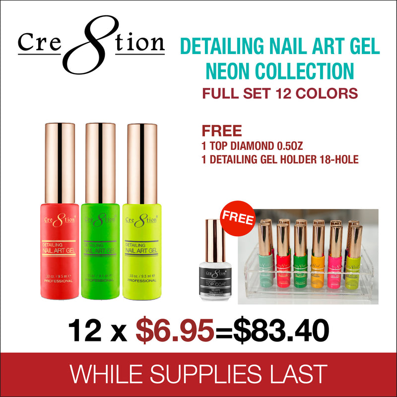 Cre8tion Detailing Nail Art Gel Neon Collection - Full Set 12 Colors - FREE 1 Diamond Top 0.5oz - 1 Detailing Gel Holder 18 Hole