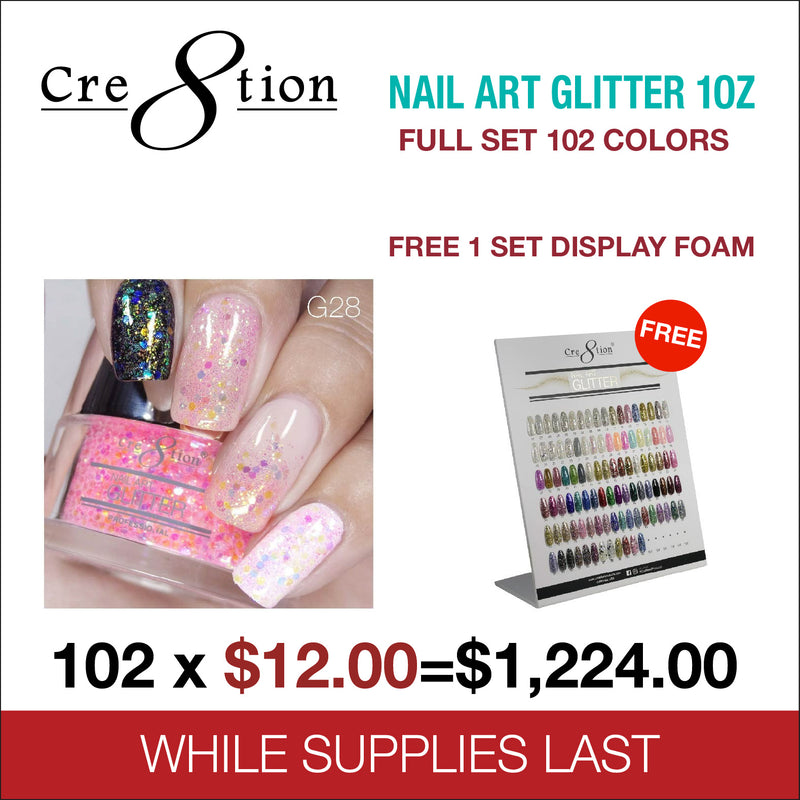 Cre8tion Nail Art Glitter 1oz - Full Set 102 Colors - FREE 1 Set Display Foam