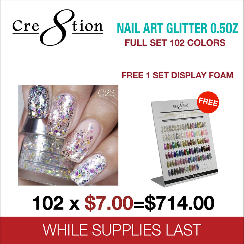 Cre8tion Nail Art Glitter 0.5oz - Full Set 102 Colors - FREE 1 Set Display Foam