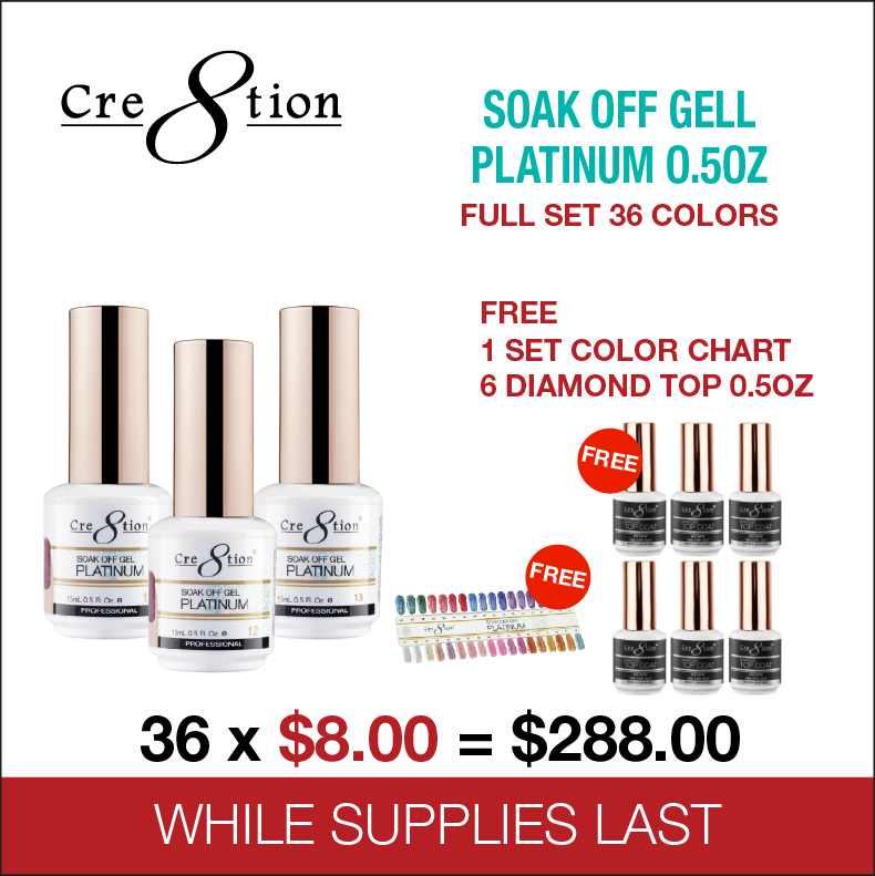 Cre8tion - Platinum Soak Off Gel Full Set - 36 Colors Collection - $8.00/each