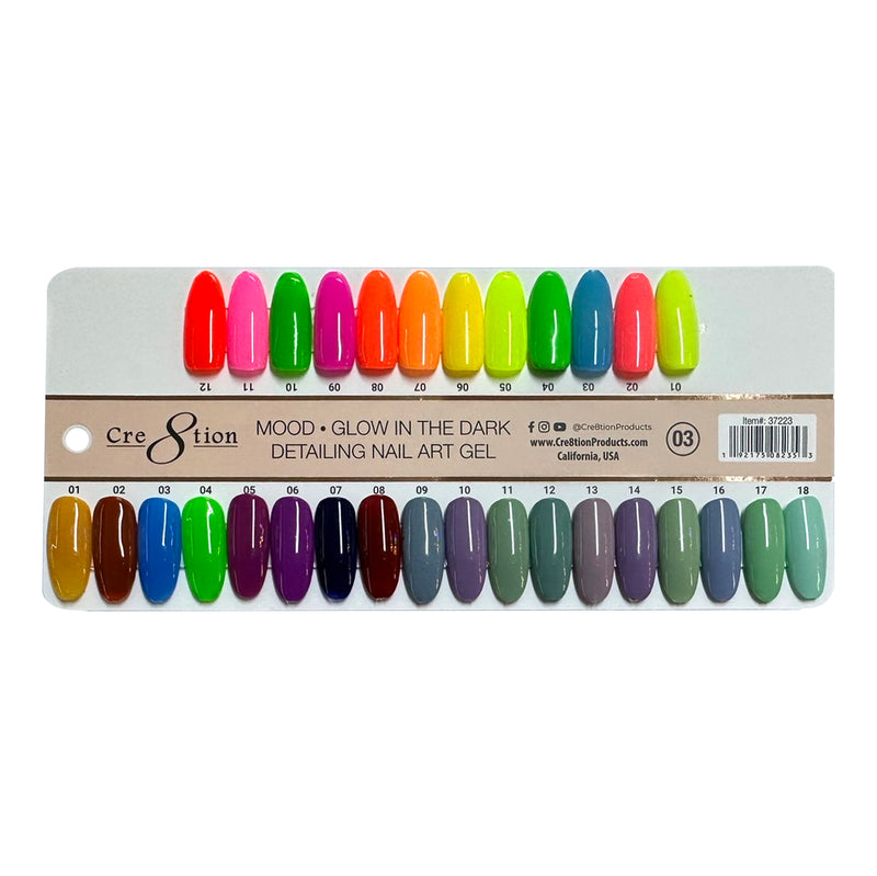 Cre8tion Mood & Glow in the Dark Detailing Nail Art Gel Color Chart 36 colors