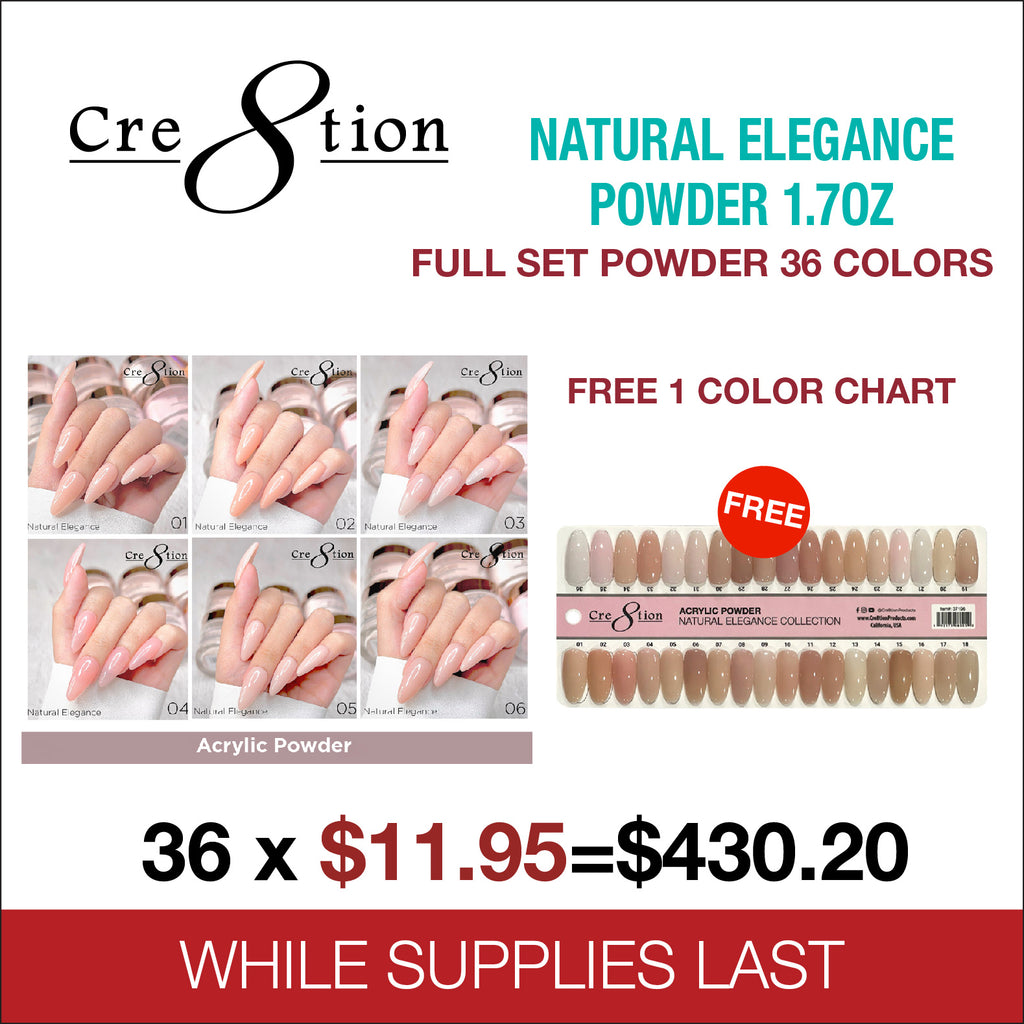 Cre8tion Natural Elegance Powder 1.7oz - Full Set Powder 36 Colors - FREE 1 Color Chart