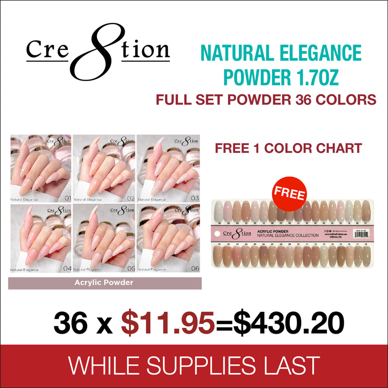 Cre8tion Natural Elegance Powder 1.7oz - Full Set Powder 36 Colors - FREE 1 Color Chart