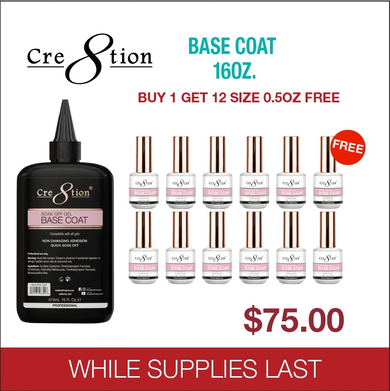 Cre8tion Gel Base Coat 16oz Refill - Buy 1 Get 12 Size 0.5oz Free