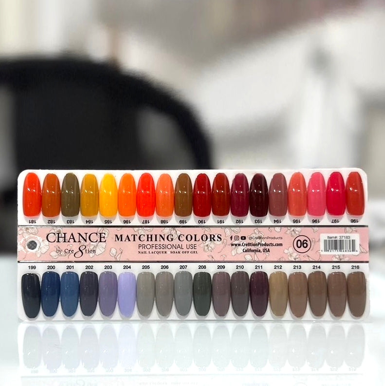 Chance Matching Color Gel & Nail Lacquer 0.5oz - 36 Colors #181 - #216 - Brown/Grey Shades Collection w/ 2 set Color Chart