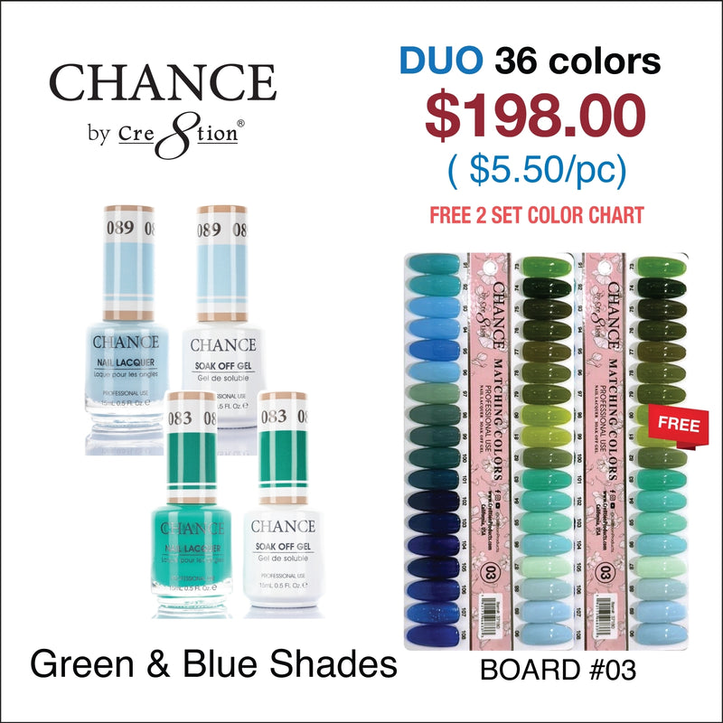 Chance Gel/Lacquer Duo Full Set - 36 Colors Green & Blue Shades Collection - Color #73 - #108 - $5.50/each - Free Color Chart