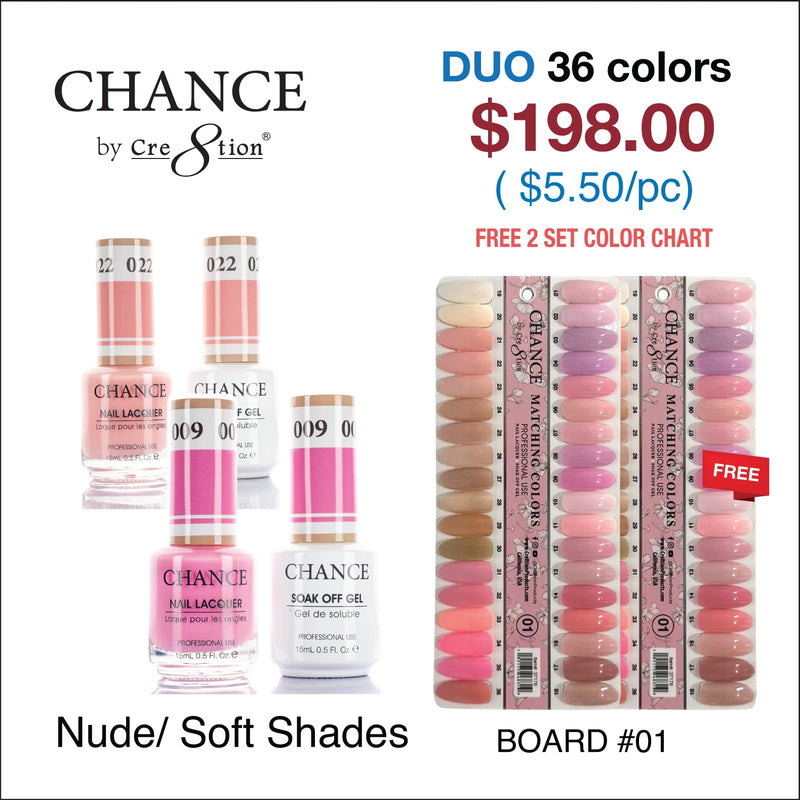 Chance Gel/Lacquer Duo Full Set - 36 Colors Nude/Soft Shades Collection - Color #01 - #36 - $5.50/each - Free 1 Color Chart