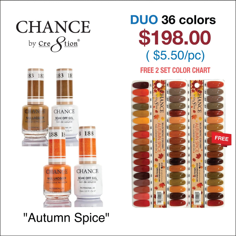 Chance Gel/Lacquer Duo Full Set - 36 Colors "Autumn Spice" Collection - Color #289 - #324 - $5.50/each - Free Color Chart