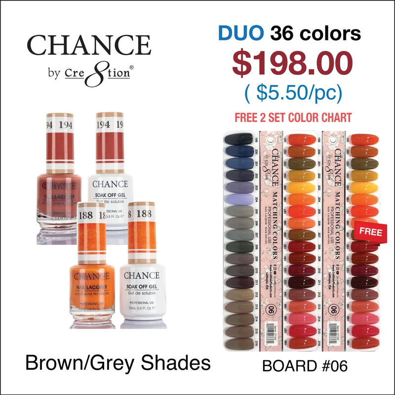 Chance Gel/Lacquer Duo Full Set - 36 Colors  Brown/Grey Shades Collection  - $5.50/each - Free Color Chart