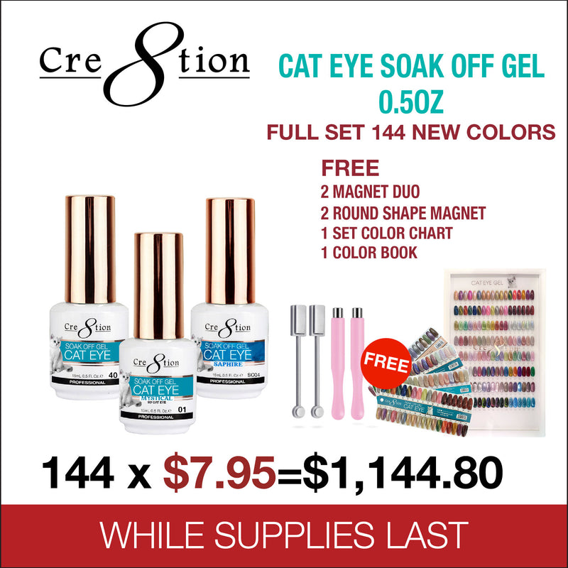Cre8tion Cat Eye Soak Off Gel 0.5oz - Full Set 144 Colors W/ 2 Round Shape Magnet, 2 Magnet Duo & 1 set Color Chart