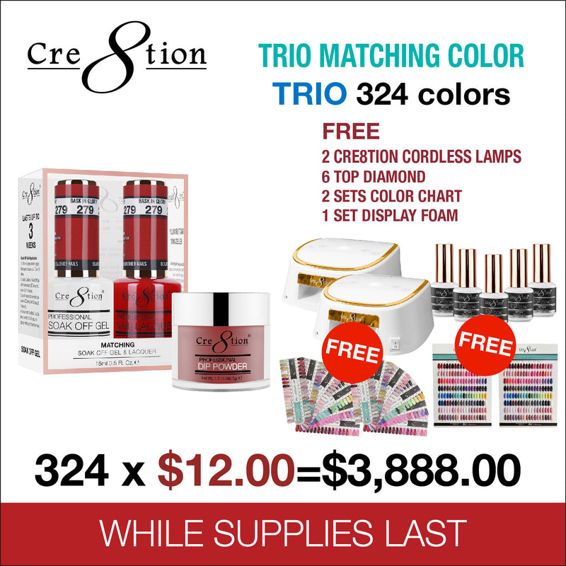 Cre8tion Trio Matching color - Full set 324 colors w/ 2 Cre8tion Cordless LED Lamps White with Gold Rim, 2 sets Color Chart, 1 set Display Foam & 6 Top Diamond 0.5oz