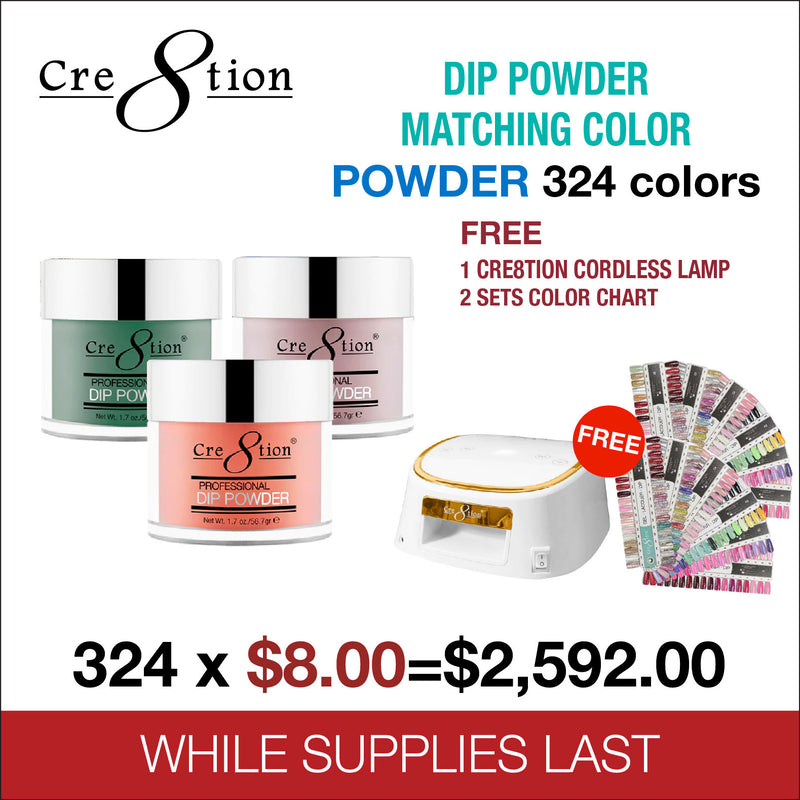 Cre8tion Dip Powder Matching color - Full set 324 colors w/ 2 sets Color Chart & 1 Cre8tion White with Gold Rim lamp