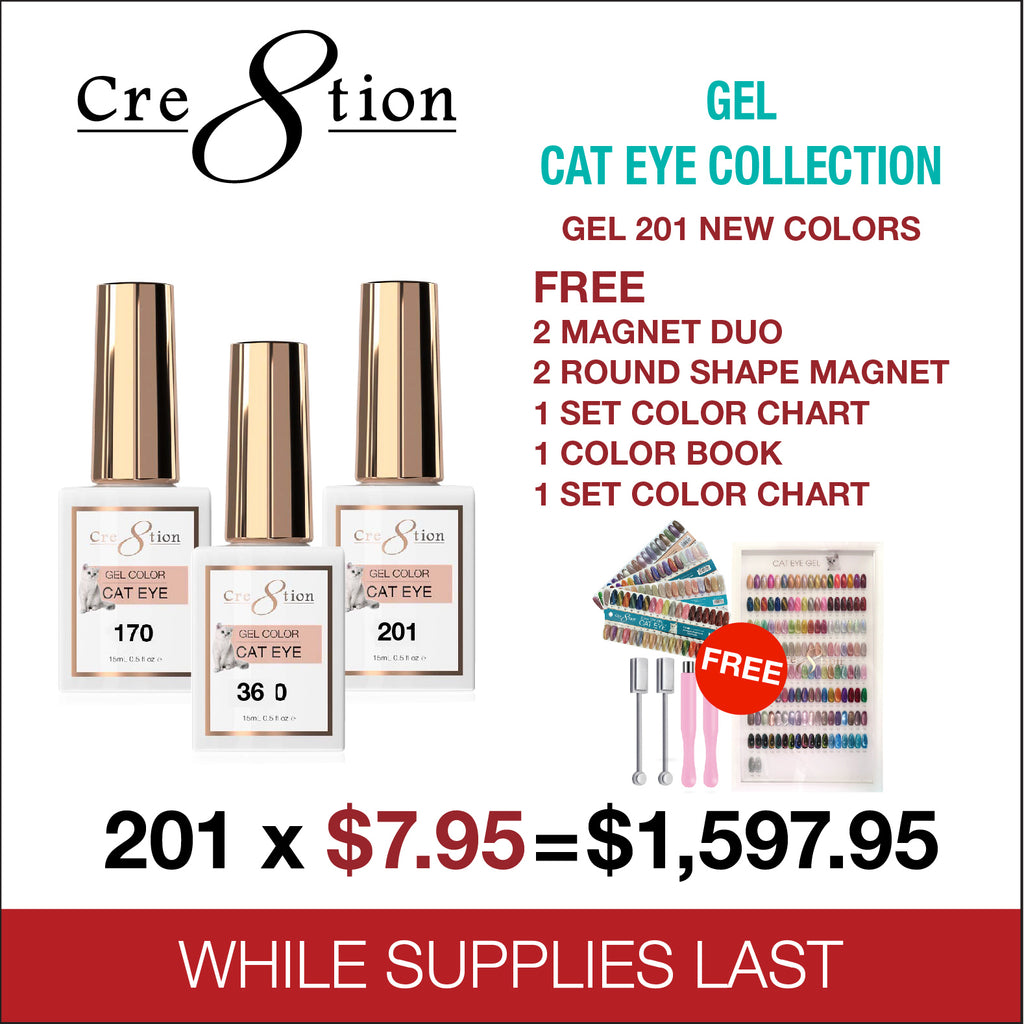 Cre8tion Cat Eye Gel 0.5oz - Full Set 201 Colors W/ 2 Round Magnet, 2 Magnet Duo, 1 Color Chart & 1 Color Book