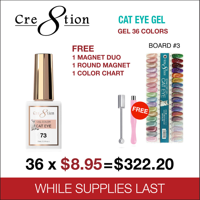 Cre8tion Cat Eye Soak Off Gel 0.5oz - 36 New Colors (#73 - #108) Free 1 Round Shape Magnet, 1 Magnet Duo & 1 set Color Chart