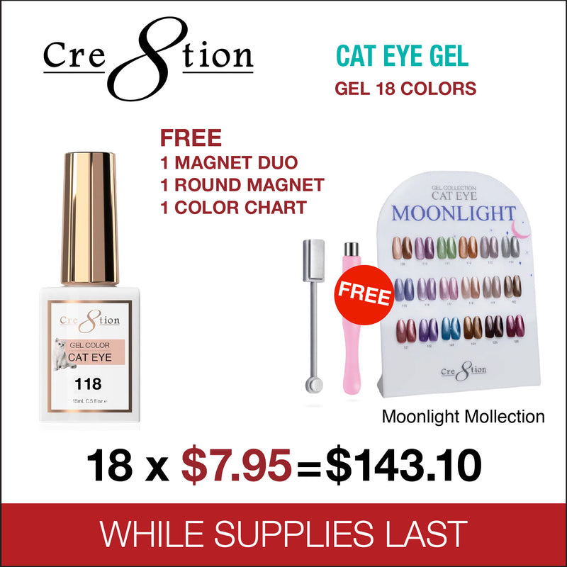 Cre8tion Cat Eye Soak Off Gel 0.5oz - Full Set 18 New Colors (#109 - #126) Free 1 Round Shape Magnet, 1 Magnet Duo & 1 set Color Chart