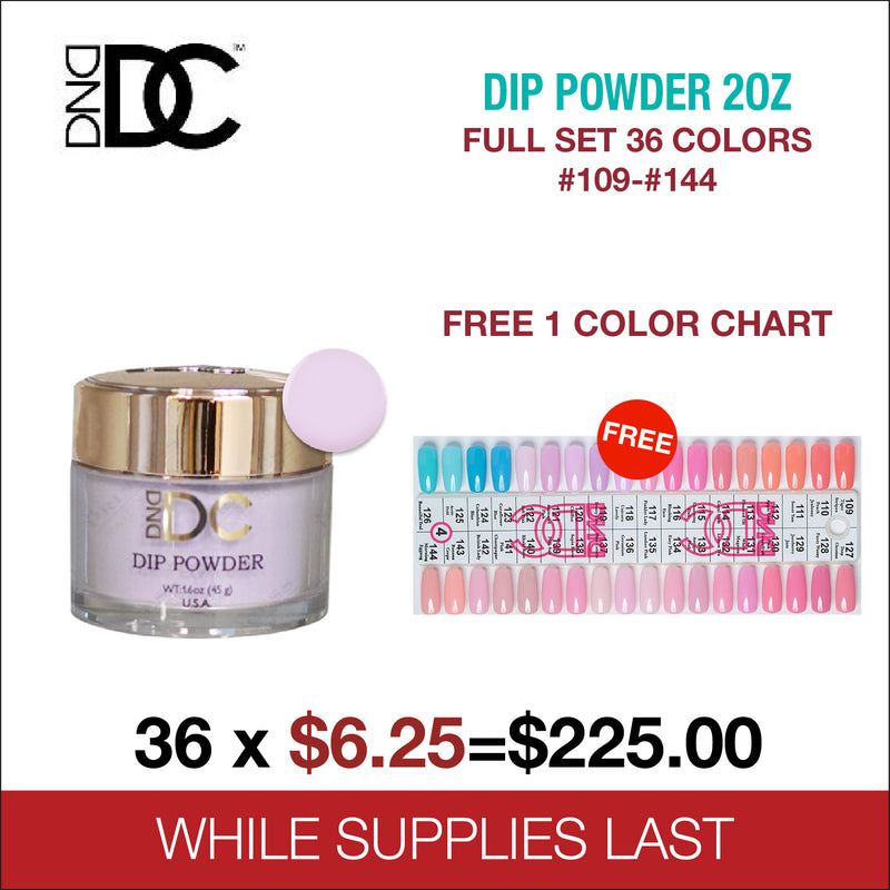 DND DC Dip Powder 2oz - Full Set 36 Colors - #109 - #144 - FREE 1 Color Chart