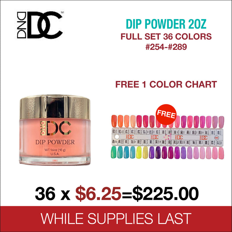 DND DC Dip Powder 2oz - Full Set 36 Colors - #254 - #289 - FREE 1 Color Chart