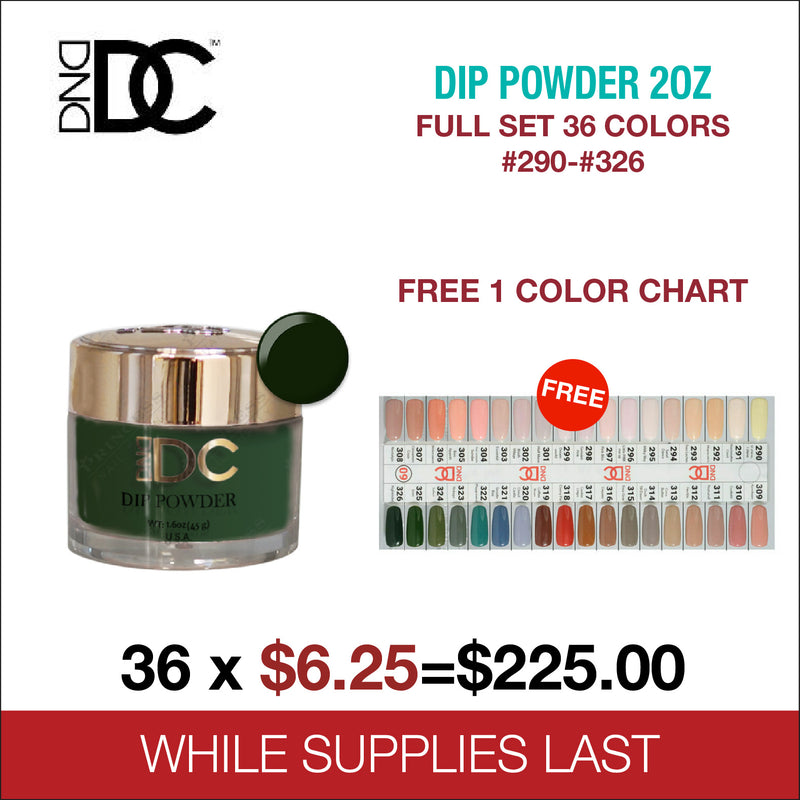 DND DC Dip Powder 2oz - Full Set 36 Colors - #290 - #326 - FREE 1 Color Chart