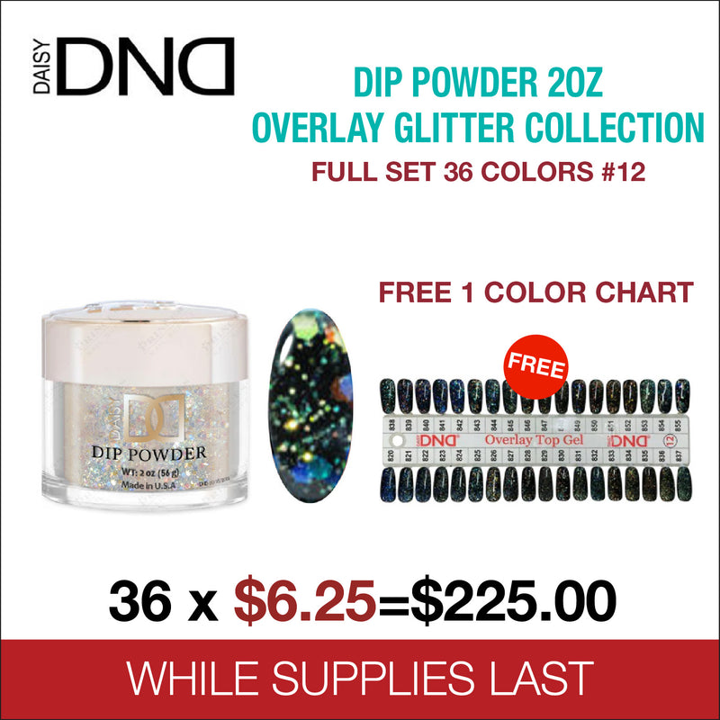 DND Dip Powder 2oz - Overlay Glitter Collection - Full Set 36 Colors #12 - FREE 1 Color Chart