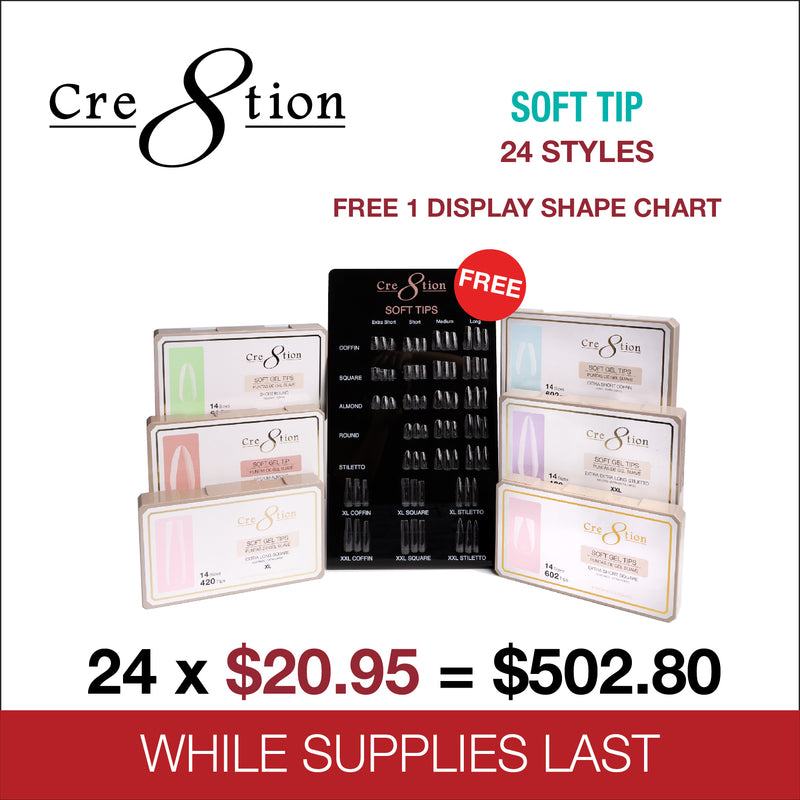 Cre8tion Soft Gel Tips - Full Set 24 Styles w/ 1 Display Shape Chart