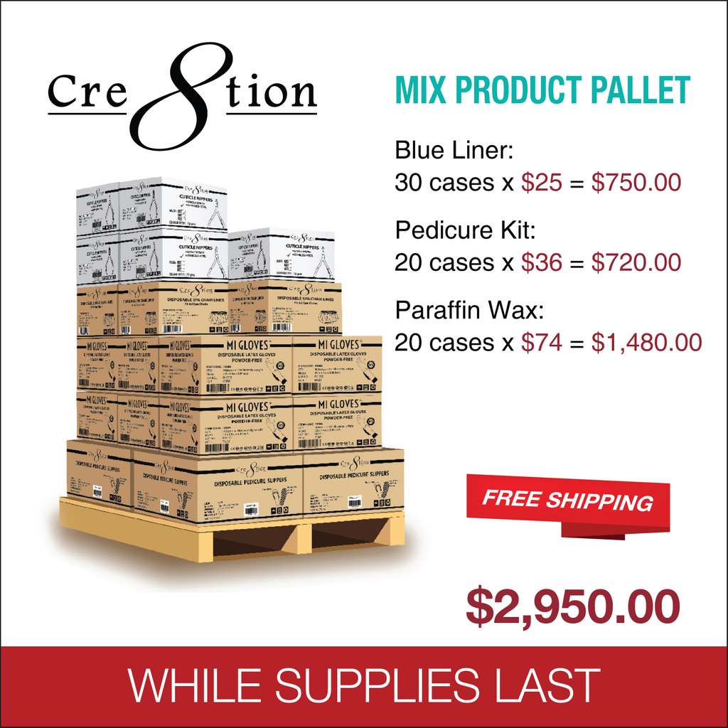 Cre8tion - Mix Product Pallet : 30 case Blue Liner, 20 case Pedicure Kit A, 20 case Paraffin Wax